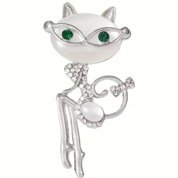 Brooch Cat w/ Glasses Opal Rhinestone Pin Stylish Kitty Green Eyes Diva Glamour - Picture 3 of 3
